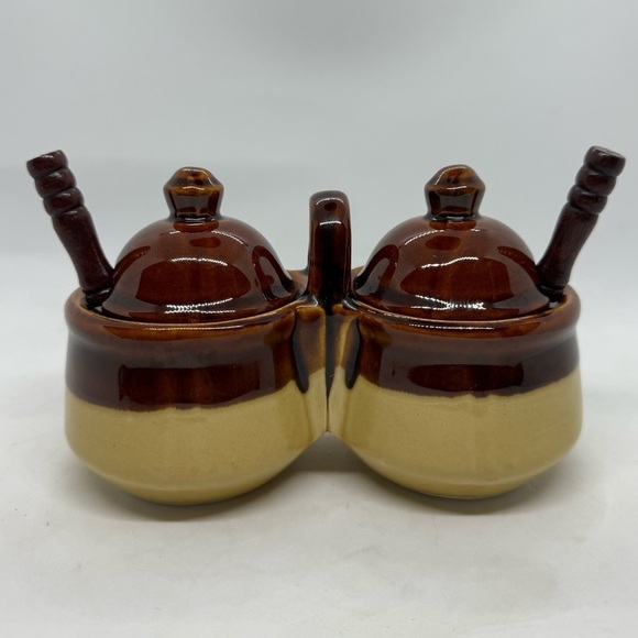 Vintage Stoneware Brown & Tan Double Condiment Jar Caddy with 2 Lids and Spoons - Picture 1 of 6
